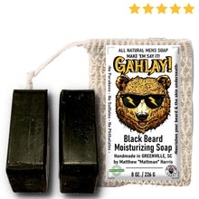 Load image into Gallery viewer, GAHLAY! Black Beard Moisturizing Bar Soap is the ultimate beard care essential, handcrafted to cleanse, hydrate, and nourish both your beard and the skin beneath. Made with Shea Butter, Aloe Vera, whole oats, and Vitamin E, it preserves natural oils, leaving your beard soft, refreshed, and moisturized while promoting healthy skin. With a long-lasting formula and a warm, earthy scent accented by coconut and honey, this soap delivers a luxurious grooming experience every time.