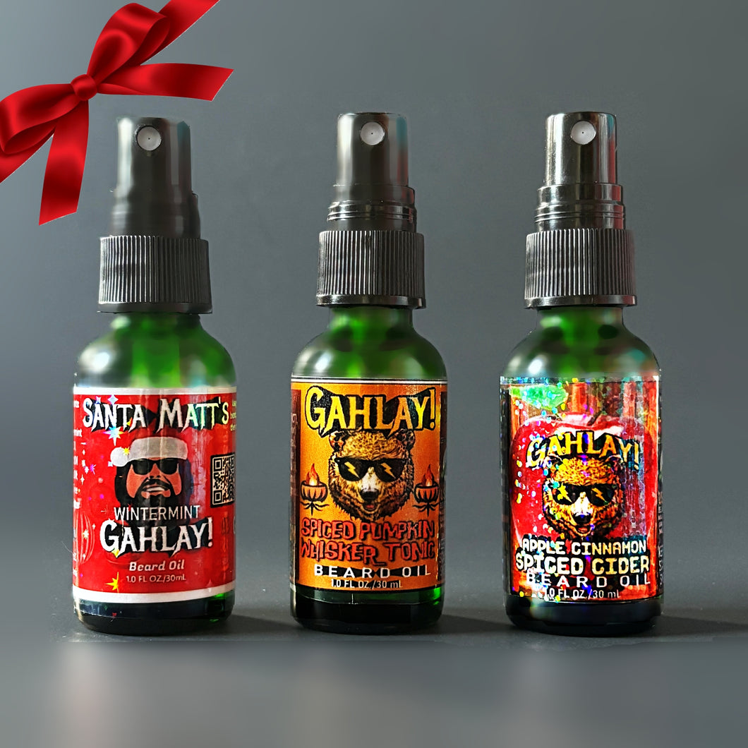 The GAHLAY! Black Monday 2024 Deal Drop w/ FREE shipping, Santa Mattman's Winter MInt Beard Oil, Spiced  Pumpkin Whisker Tonic, Apple Cinnamon Spied Cider Beard Oil, gifts for him, beard gifts, gifts for man with beard, Greenville SC, Mattman The Rise Guys, Christmas beard