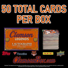 Load image into Gallery viewer, ClemsonBox.com Clemson Tigers football cards featuring Cade Klubnik, Dabo Swinney, Trevor Lawrence, Deshaun Watson, Travis Etienne, DeAndre Hopkins, Sammy Watkins, C.J. Spiller, Tee Higgins, Danny Ford, Hunter Renfrow, Brian Dawkins, Christian Wilkins, Vic Beasley, and many more Clemson legends possible pulls in the GAHLAY! Clemson Tigers Legends Mystery Box