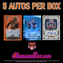 Load image into Gallery viewer, ClemsonBox.com Clemson Tigers football cards featuring Cade Klubnik, Dabo Swinney, Phil Mafah, Antonio Williams, Trevor Lawrence, Deshaun Watson, Travis Etienne, DeAndre Hopkins, Sammy Watkins, C.J. Spiller, Tee Higgins, Danny Ford, Hunter Renfrow, Brian Dawkins, Christian Wilkins, Vic Beasley, and many more Clemson legends possible pulls in the GAHLAY! Clemson Tigers Legends Mystery Box