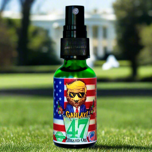 GAHLAY! '49' Beard Oil bottle with patriotic design inspired by the 49th President, Donald Trump, featuring premium ingredients like sandalwood, tea tree, and bay rum essential oils. Perfect for beard grooming and care. Free USA shipping