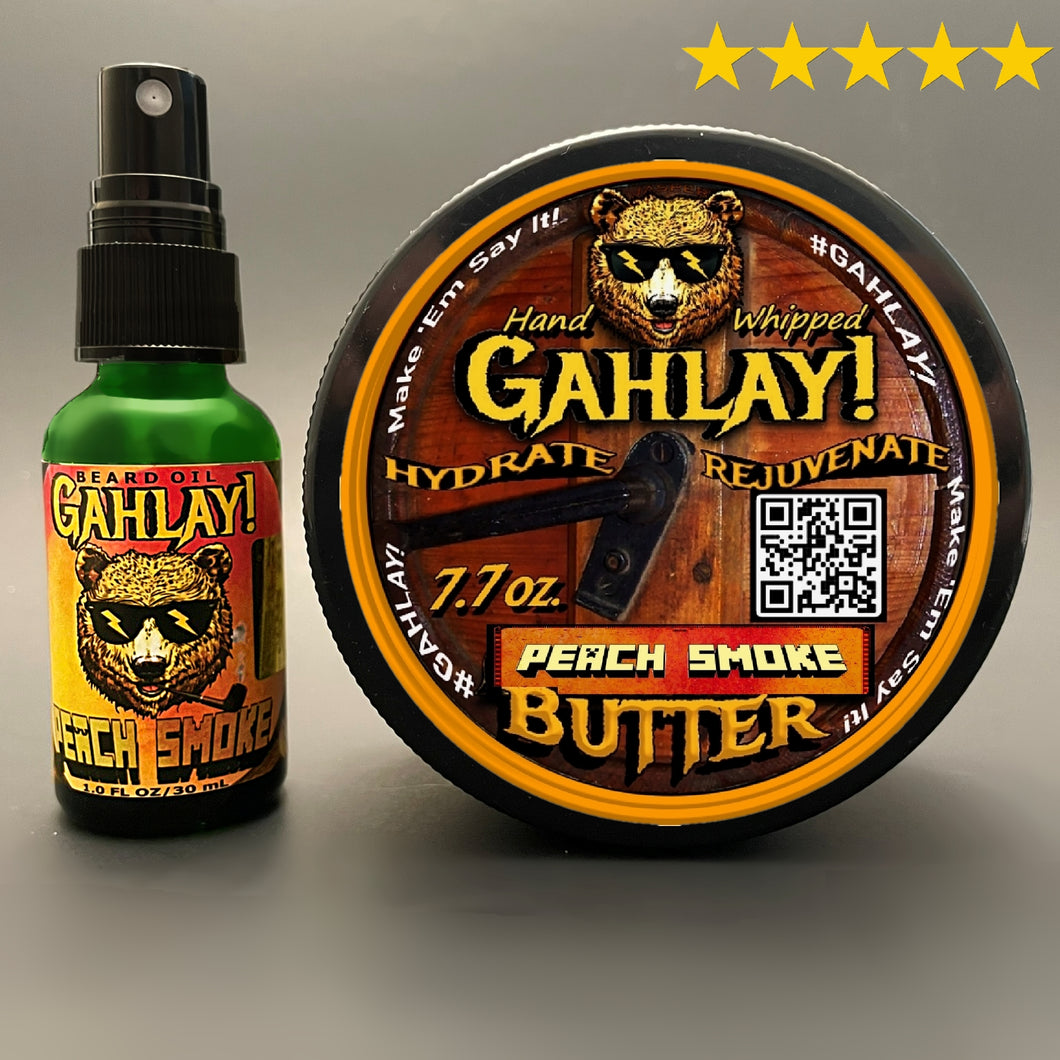 GAHLAY! Peach Smoke and Beard Butter Bundle - Perfect beard care combo for men, featuring the delightful Peach Smoke scent. Experience the ultimate hydration and styling with GAHLAY!'s premium Beard Butter. Elevate your grooming routine with this exclusive bundle offer.