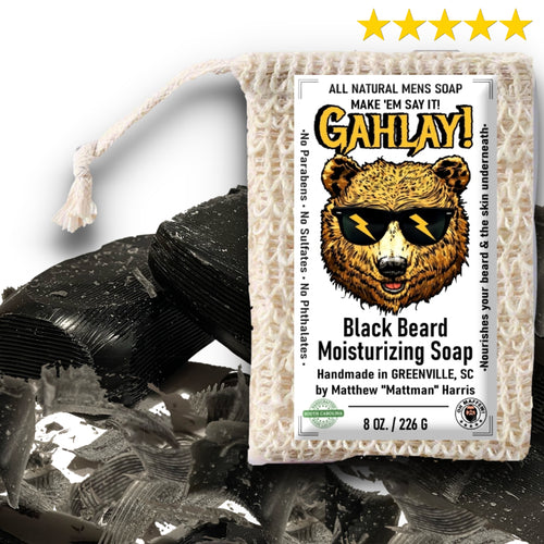 GAHLAY! Black Beard Moisturizing Bar Soap is the ultimate beard care essential, handcrafted to cleanse, hydrate, and nourish both your beard and the skin beneath. Made with Shea Butter, Aloe Vera, whole oats, and Vitamin E, it preserves natural oils, leaving your beard soft, refreshed, and moisturized while promoting healthy skin. With a long-lasting formula and a warm, earthy scent accented by coconut and honey, this soap delivers a luxurious grooming experience every time.