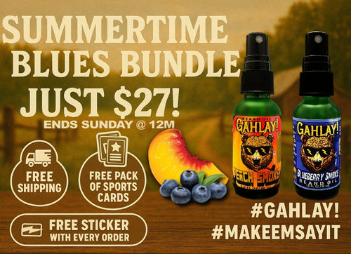 GAHLAY! Summertime Blues Bundle featuring Peach Smoke and Blueberry Smoke beard oils with free shipping, sports cards, sticker, and a free mystery product sample.