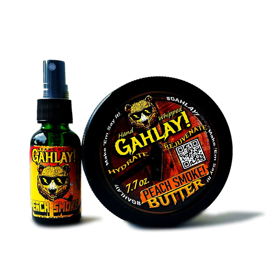 Soften and set yourself apart with GAHLAY! PEACH SMOKE Beard Butter & Beard Oil BUNDLE! Its fusion of delicious peach and pipe aromas will elevate your day with irresistible confidence. Crafted with the essence of Georgia's ripe, kernel-pressed peaches and a harmonious tobacco blend, it creates a symphonic aroma that captures the senses. CEO Matthew 